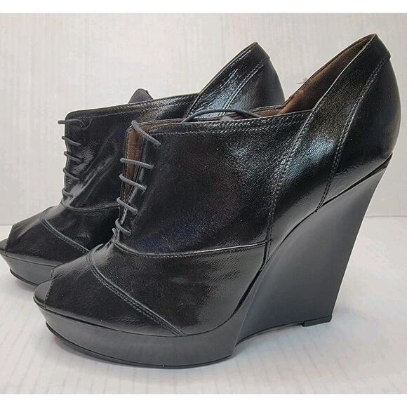 MARNI ITALY peep-toe lace-up patent leather brogue wedge platform booties 41 - Picture 1 of 10